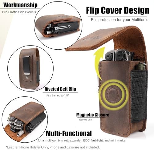 Topstache Multitool Sheath for Men - Belt Leather Multitool Holster - EDC Belt Organizer for Leatherman, Gerber - Magnetic Closure Multitool Pouch Fits Folding Tool, Darkbrown - Image 3