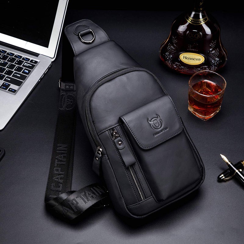 BULLCAPTAIN Mens Leather Crossbody Bag Shoulder Sling Bag Casual Daypacks Chest Bags for Travel Hiking Backpacks (Black) - Image 2
