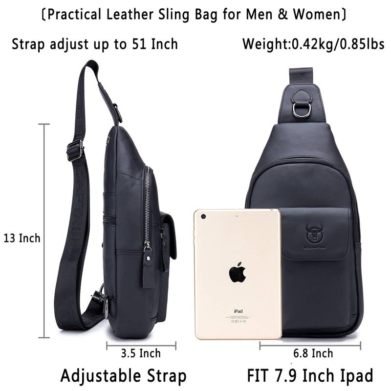 BULLCAPTAIN Mens Leather Crossbody Bag Shoulder Sling Bag Casual Daypacks Chest Bags for Travel Hiking Backpacks (Black) - Image 3