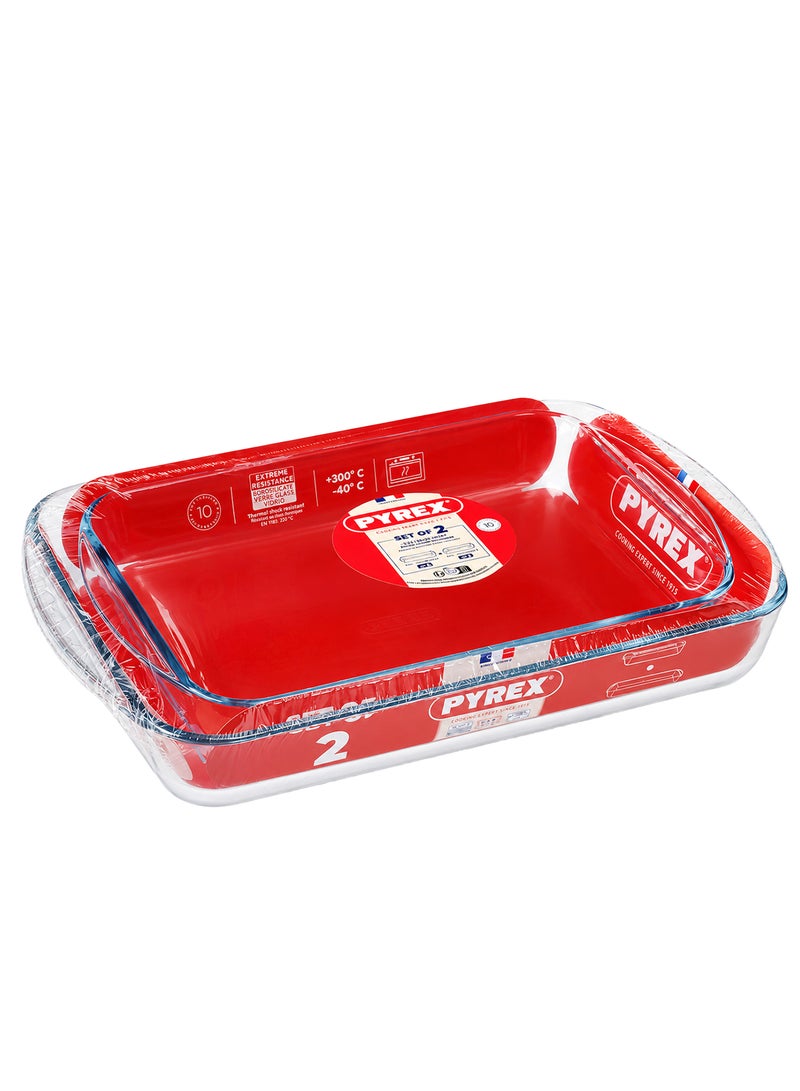 بيريكس Pyrex Essentials Rectangular Glass Roaster 2-Piece Set (3.7L + 2.6L) - Borosilicate Oven, Microwave & Freezer Safe - Image 1