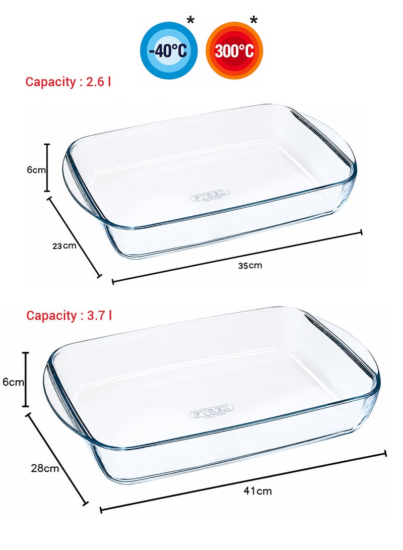 بيريكس Pyrex Essentials Rectangular Glass Roaster 2-Piece Set (3.7L + 2.6L) - Borosilicate Oven, Microwave & Freezer Safe - Image 2
