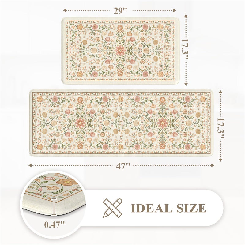 KIMODE Anti Fatigue Mats for Kitchen Floor Non Slip,Farmhouse Boho Floral Standing Kitchen Rugs Sets of 2,Comfort Cushioned Padded Ergonomic Carpet for Laundry Sink Office,Beige - Image 5