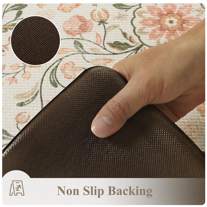 KIMODE Anti Fatigue Mats for Kitchen Floor Non Slip,Farmhouse Boho Floral Standing Kitchen Rugs Sets of 2,Comfort Cushioned Padded Ergonomic Carpet for Laundry Sink Office,Beige - Image 3