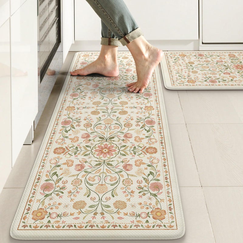 KIMODE Anti Fatigue Mats for Kitchen Floor Non Slip,Farmhouse Boho Floral Standing Kitchen Rugs Sets of 2,Comfort Cushioned Padded Ergonomic Carpet for Laundry Sink Office,Beige - Image 1