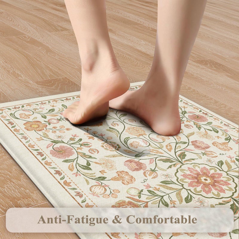KIMODE Anti Fatigue Mats for Kitchen Floor Non Slip,Farmhouse Boho Floral Standing Kitchen Rugs Sets of 2,Comfort Cushioned Padded Ergonomic Carpet for Laundry Sink Office,Beige - Image 2
