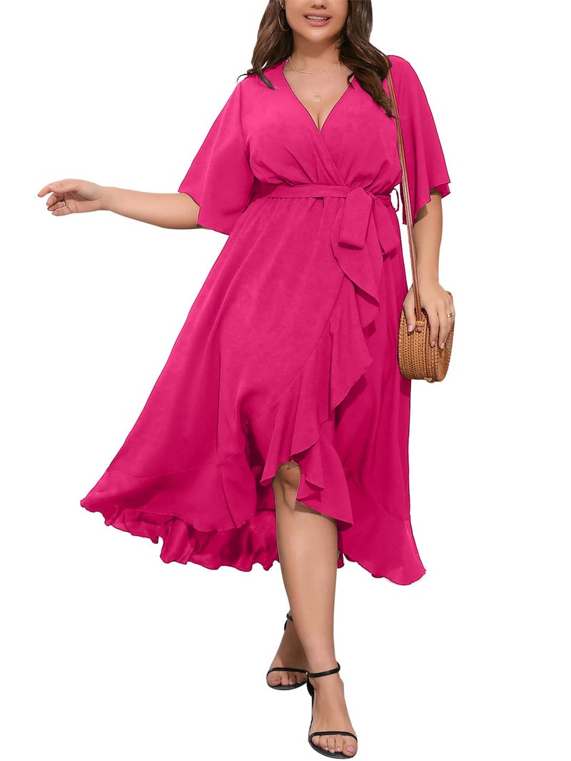 SCOMCHIC Women Plus Size Maxi Dress Short Sleeve Wrap V Neck High Low Split Ruffle Long Dress Hot Pink - Image 1