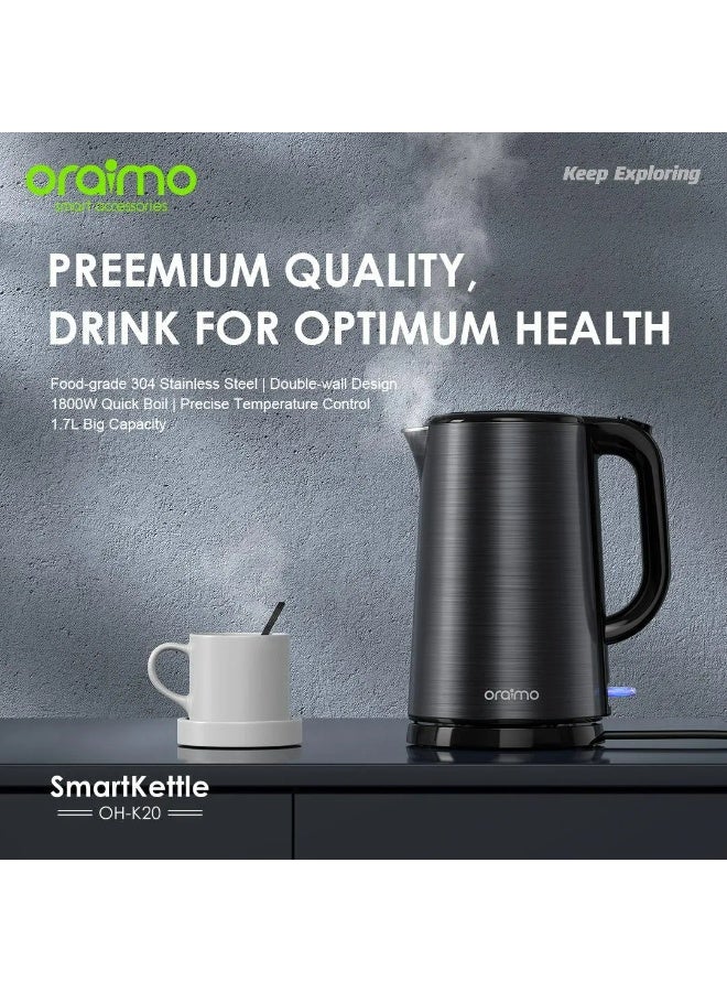 أورايمو Oraimo Smart Electric Kettle 1.7L with Food Grade 304 Stainless Steel, Double Wall Heat Insulation, 1800W Fast Boil Technology, Auto Shut-Off, Boil Dry Protection & Cool Touch Body for Home and Office Use 1.7 L 1800 W OH-K20 black - Image 2