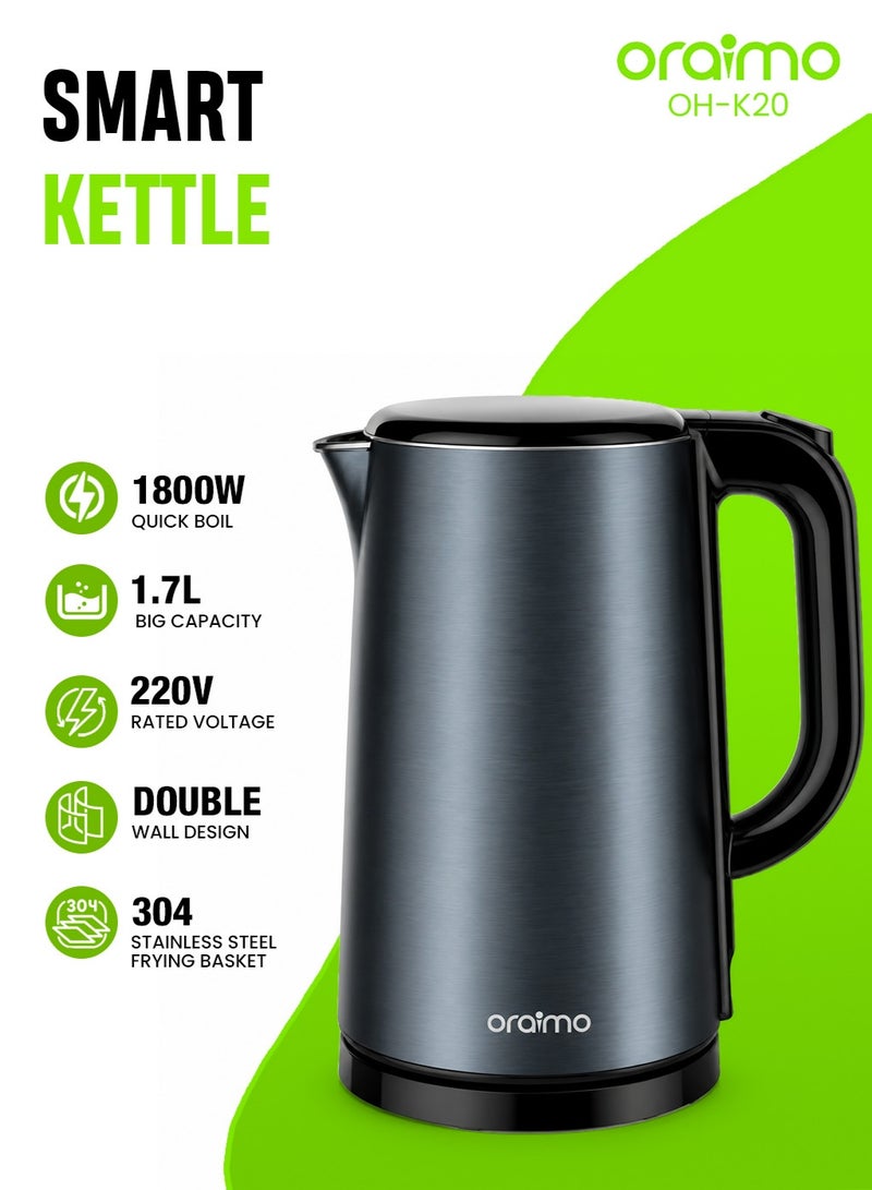 أورايمو Oraimo Smart Electric Kettle 1.7L with Food Grade 304 Stainless Steel, Double Wall Heat Insulation, 1800W Fast Boil Technology, Auto Shut-Off, Boil Dry Protection & Cool Touch Body for Home and Office Use 1.7 L 1800 W OH-K20 black - Image 1