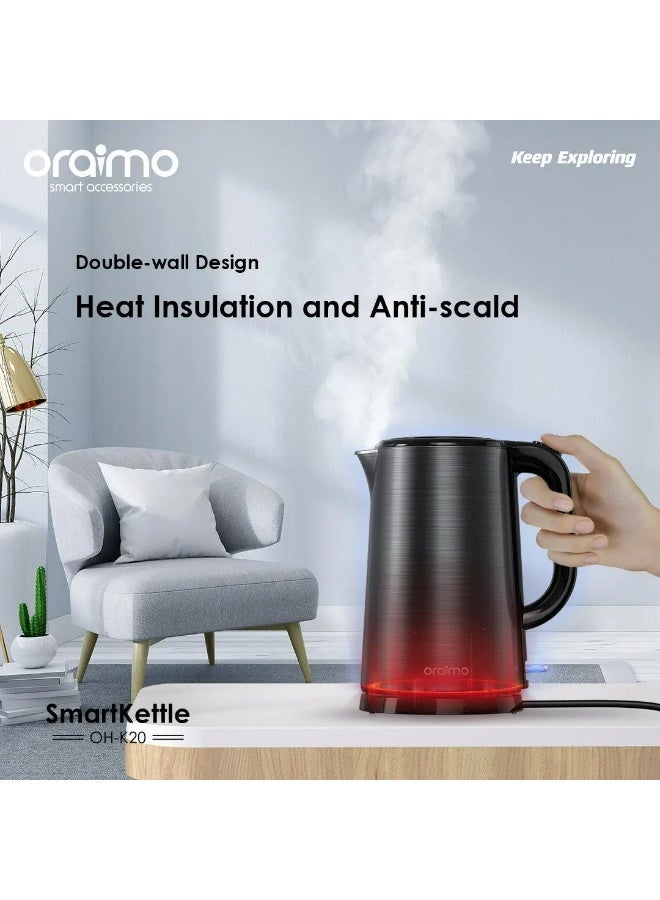 أورايمو Oraimo Smart Electric Kettle 1.7L with Food Grade 304 Stainless Steel, Double Wall Heat Insulation, 1800W Fast Boil Technology, Auto Shut-Off, Boil Dry Protection & Cool Touch Body for Home and Office Use 1.7 L 1800 W OH-K20 black - Image 4