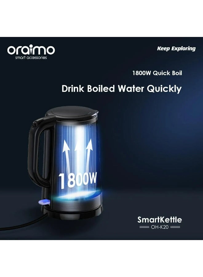 أورايمو Oraimo Smart Electric Kettle 1.7L with Food Grade 304 Stainless Steel, Double Wall Heat Insulation, 1800W Fast Boil Technology, Auto Shut-Off, Boil Dry Protection & Cool Touch Body for Home and Office Use 1.7 L 1800 W OH-K20 black - Image 5