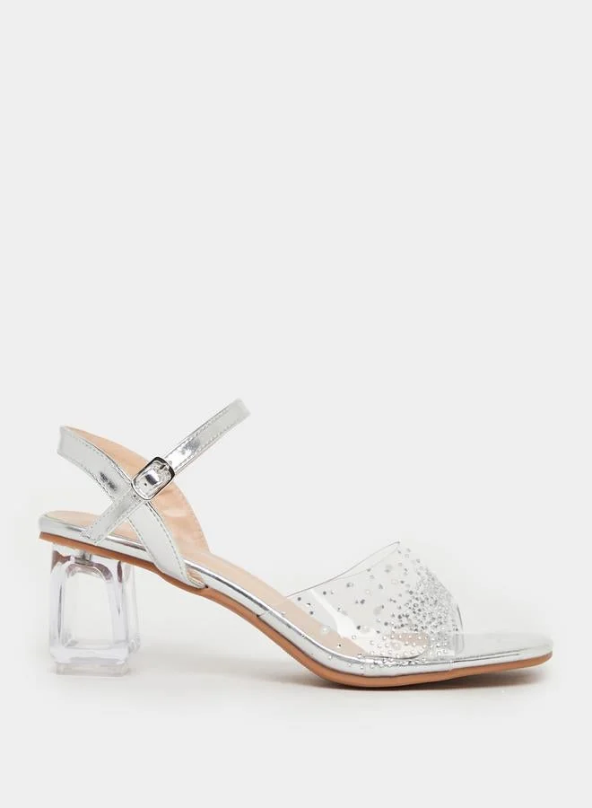 Take Two Rhinestone Embellished Block Heel Sandals by Styli