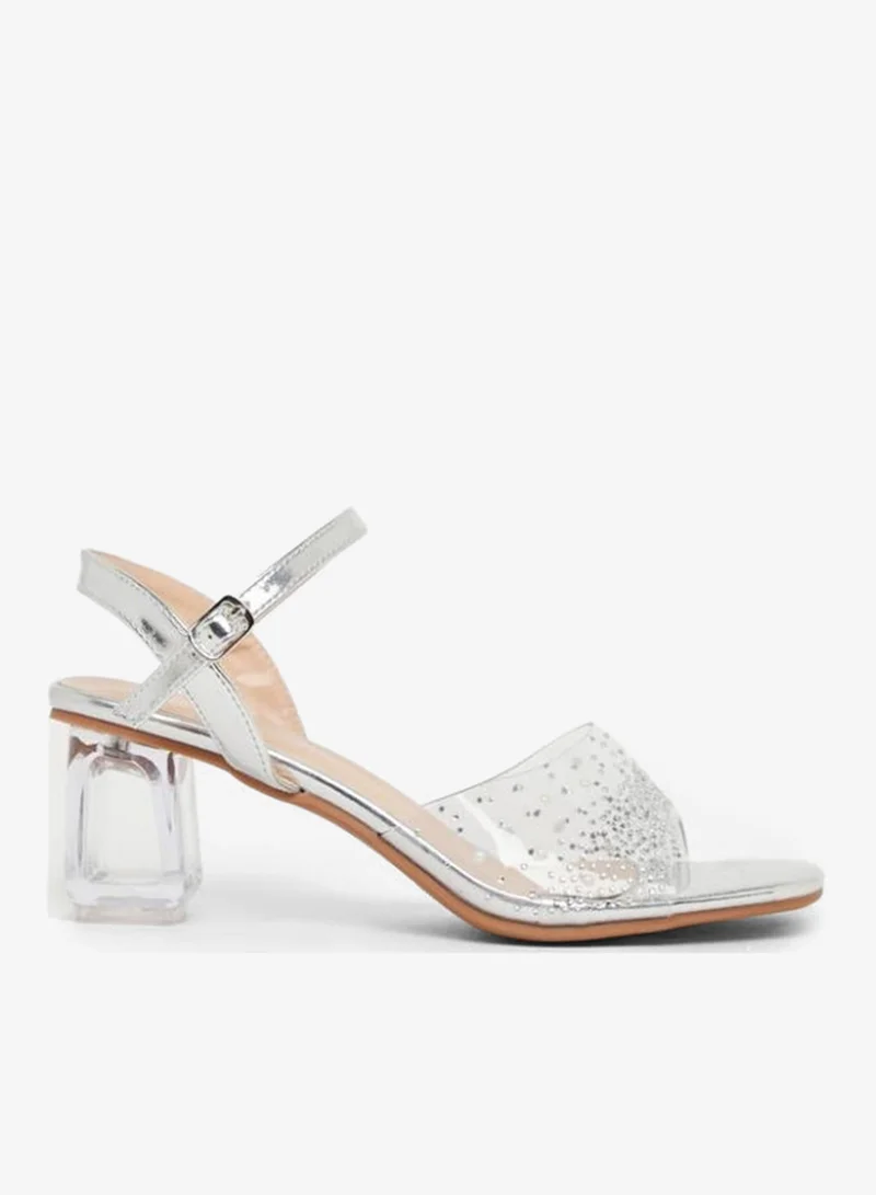 Take Two Rhinestone Embellished Block Heel Sandals by Styli