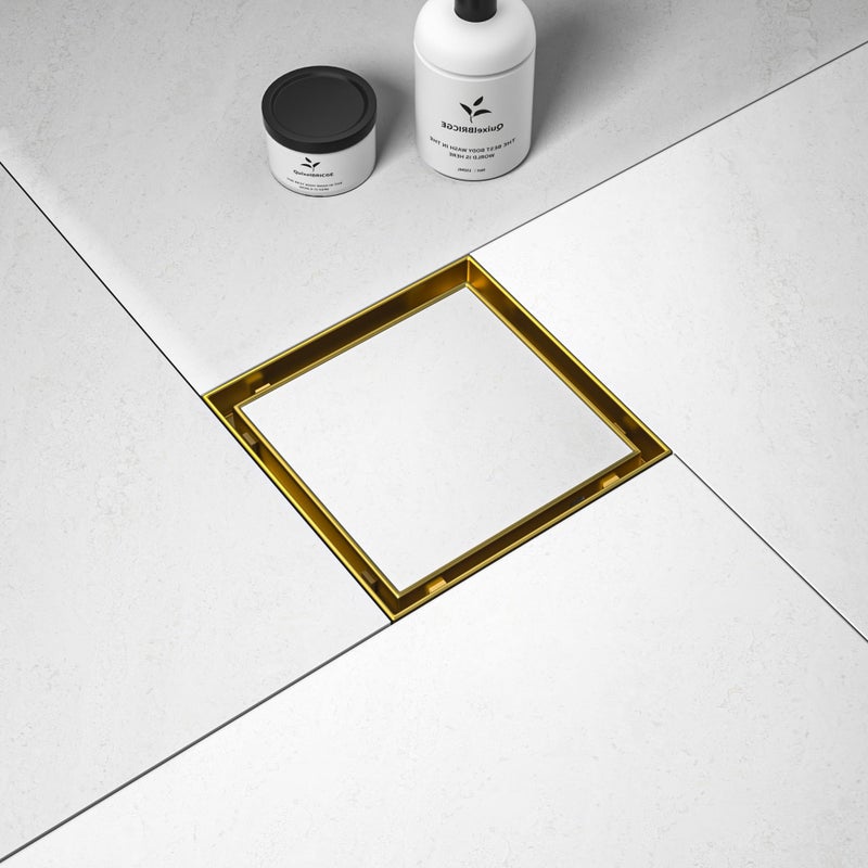 Bernkot Square Shower Drain 6", Brushed Gold Floor Drain with Tiled Insert Grate & Hair Strainer, 304 Stainless Steel Bathroom 2-in-1 Tiled in Drain, CUPC Certified (Brushed Gold, 6'') - Image 1