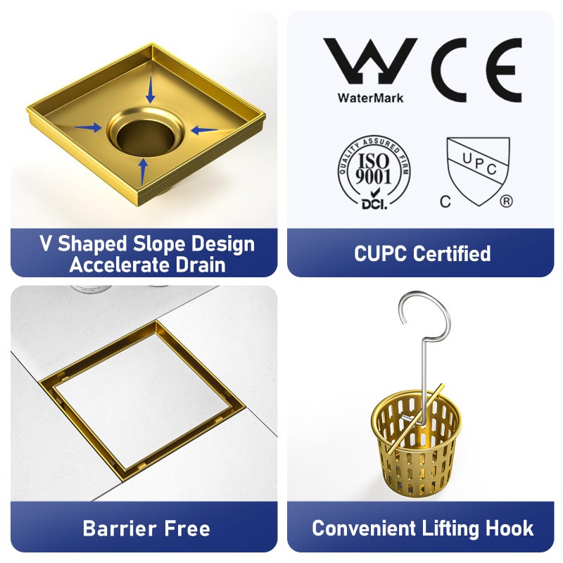 Bernkot Square Shower Drain 6", Brushed Gold Floor Drain with Tiled Insert Grate & Hair Strainer, 304 Stainless Steel Bathroom 2-in-1 Tiled in Drain, CUPC Certified (Brushed Gold, 6'') - Image 2