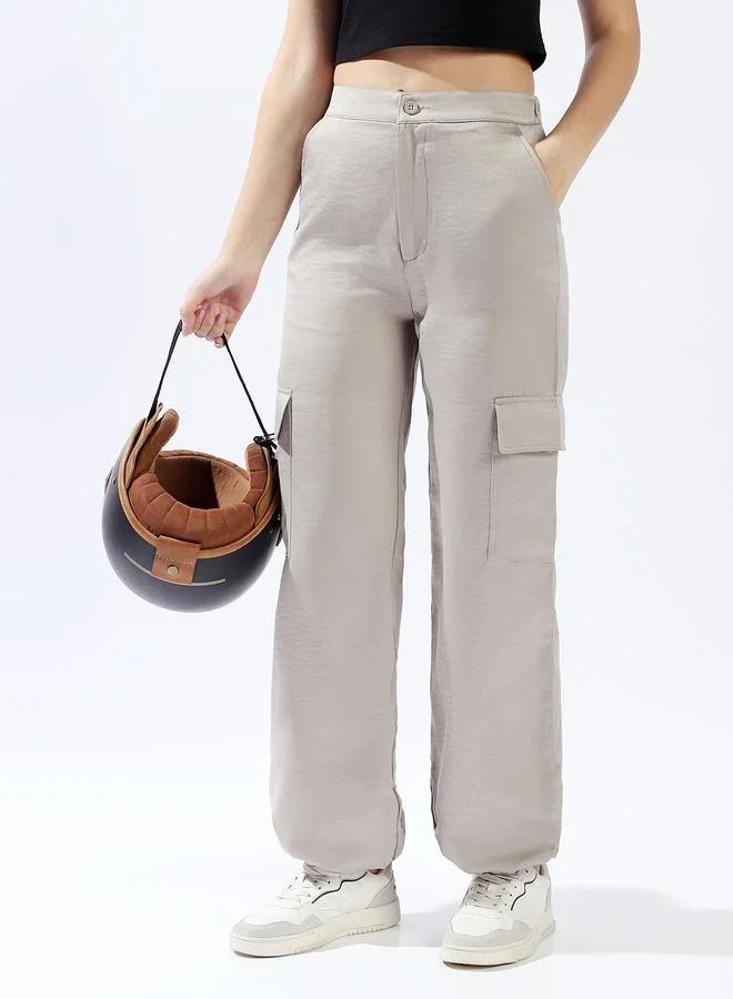 HIGH STAR Women Relaxed Loose Fit High-Rise Cargo Textured Satin Jogger Trousers