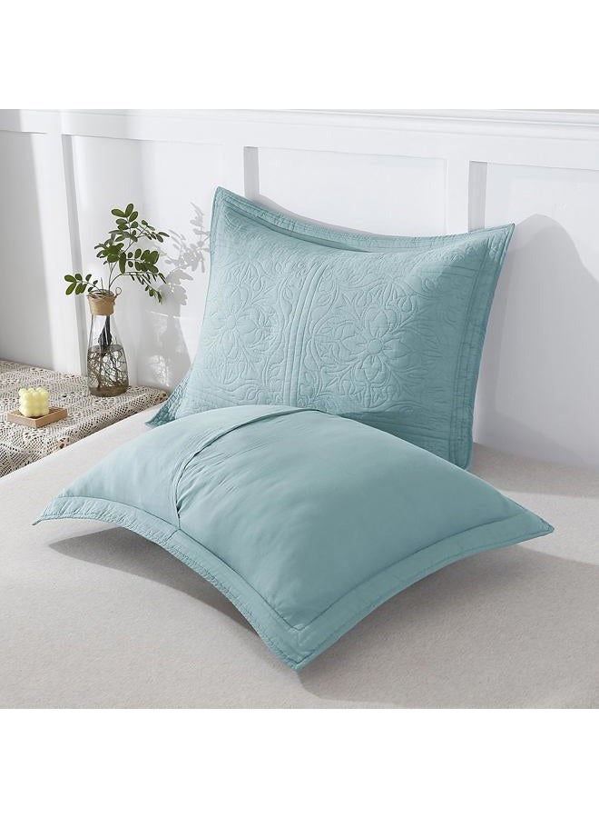WINLIFE 100% Cotton Quilted Pillow Sham Floral Printed Pillow Cover (King, Denim Blue) - Image 4