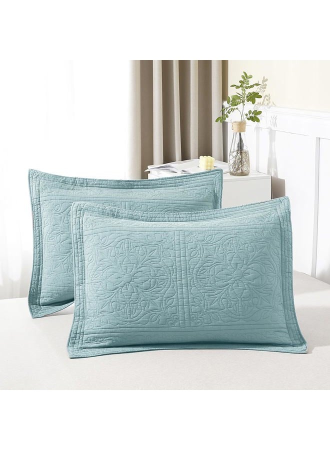 WINLIFE 100% Cotton Quilted Pillow Sham Floral Printed Pillow Cover (King, Denim Blue) - Image 1