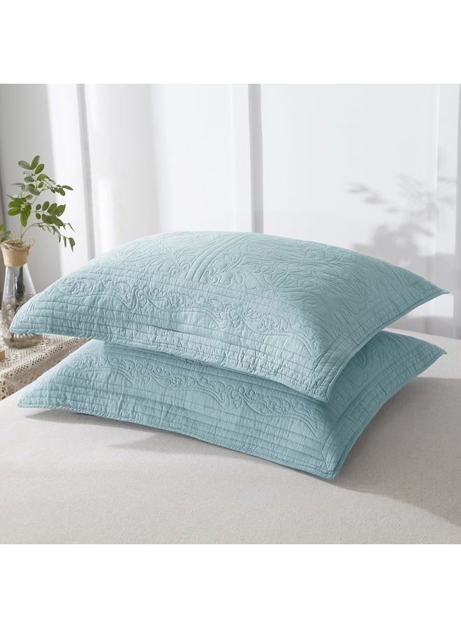 WINLIFE 100% Cotton Quilted Pillow Sham Floral Printed Pillow Cover (King, Denim Blue) - Image 2