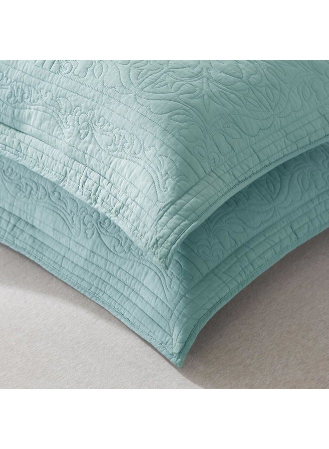 WINLIFE 100% Cotton Quilted Pillow Sham Floral Printed Pillow Cover (King, Denim Blue) - Image 3