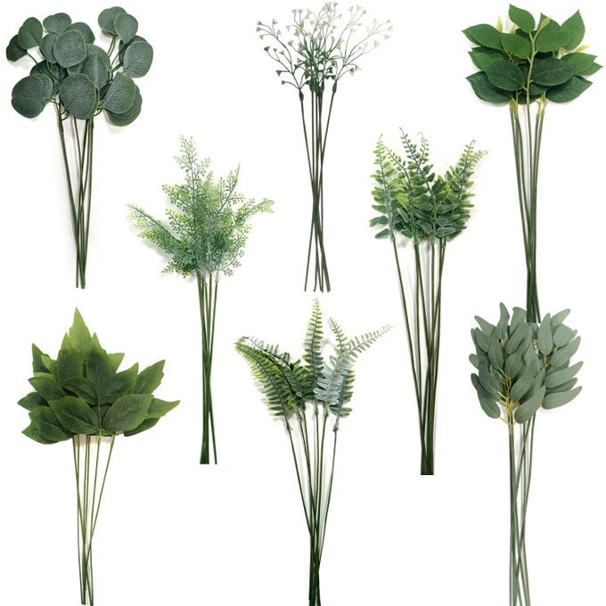 Artificial Leaves 48 Pcs with Stems Plastic Leaves Fake Leaves 8 Kinds Fake Plant Stems for Kitchen Garden Balcony Bedroom Banquet Wedding Green Leaves