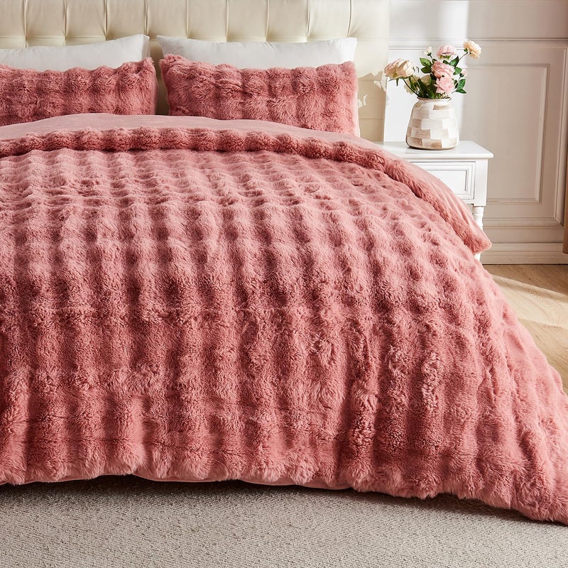 Lotus Karen Lotus Karen Fluffy Comforter Cover Set-Rabbit Fluff Faux Fur Duvet Cover Full Size Old Pink Plush Fuzzy Furry Bedding Sets 3Pieces(1 Duvet Cover & 2 Pillow Shams) Zipper Closure  - Image 1