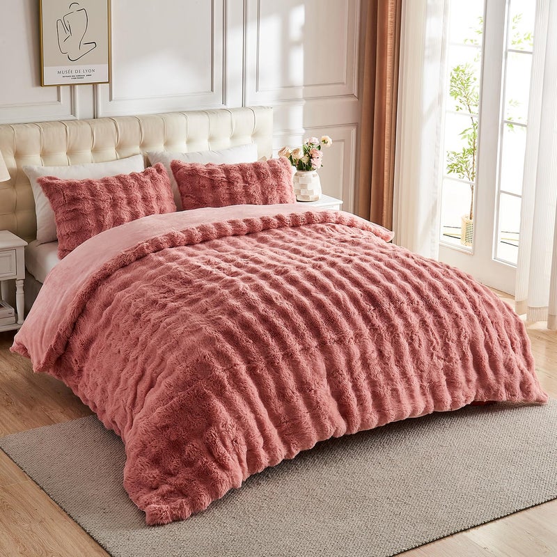 Lotus Karen Lotus Karen Fluffy Comforter Cover Set-Rabbit Fluff Faux Fur Duvet Cover Full Size Old Pink Plush Fuzzy Furry Bedding Sets 3Pieces(1 Duvet Cover & 2 Pillow Shams) Zipper Closure  - Image 4
