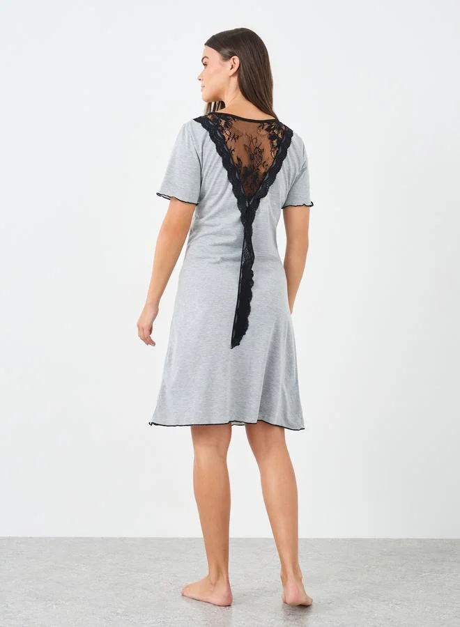 Styli Styli Back Lace Bow Detail Contrast Hem Sleep T-Shirt Dress