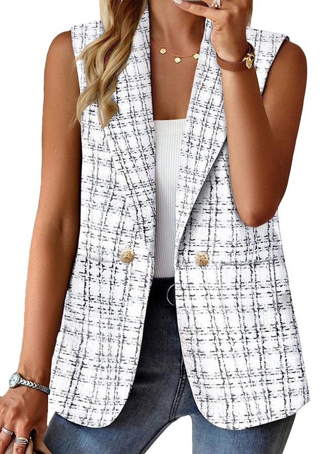 Mina Self 2024 Summer Sleeveless Blazer Jackets for Women Lightweight Fashion Casual Open Front Work Office Vest Tops Pockets, Tweed-white, XX-Large - Image 1