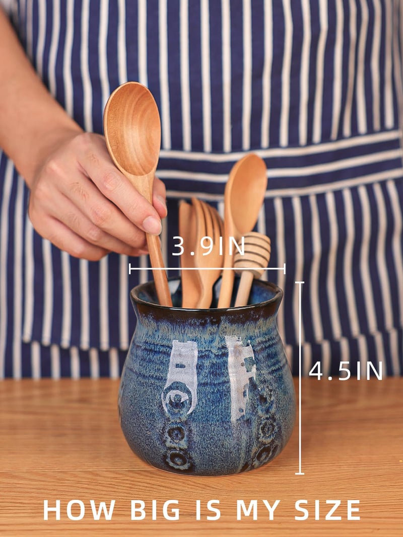 HAOTOP Ceramic Utensil Holder, Small Utensil Crock Ideal for Spoons, Forks and Knives, Easy to Clean 30 oz (Gradient Blue) - Image 2