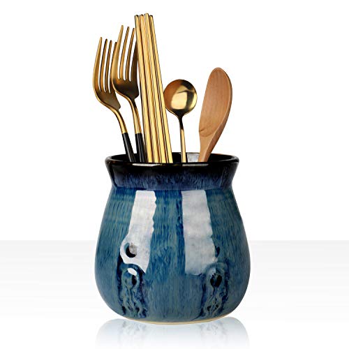 HAOTOP Ceramic Utensil Holder, Small Utensil Crock Ideal for Spoons, Forks and Knives, Easy to Clean 30 oz (Gradient Blue) - Image 1