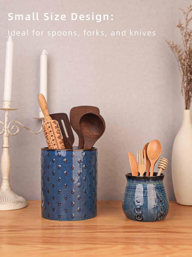 HAOTOP Ceramic Utensil Holder, Small Utensil Crock Ideal for Spoons, Forks and Knives, Easy to Clean 30 oz (Gradient Blue) - Image 3