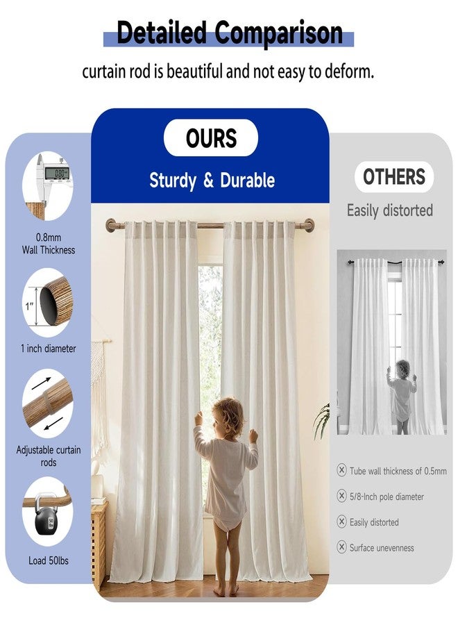 UNCONSIL Wood Curtain Rods for Windows: 1 Inch Diameter Heavy Duty Adjustable Curtain Rod 72" to 144", Wood Grain Pattern Blackout Wrap Around Windows Rod for Indoor and Outdoor,Room Darkening Drapery Rods - Image 4