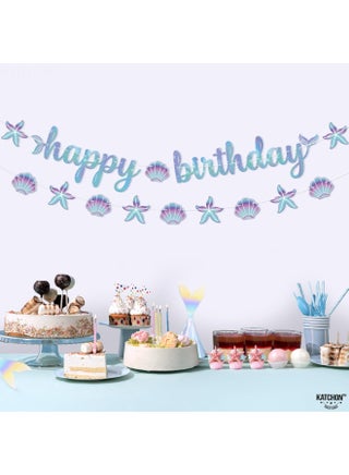 Blue Happy Birthday Banner - 10 Feet, No DIY | Mermaid Birthday party Decorations, Happy Birthday Sign | Mermaid Birthday Banner for Under The Sea Party Decorations - view 5