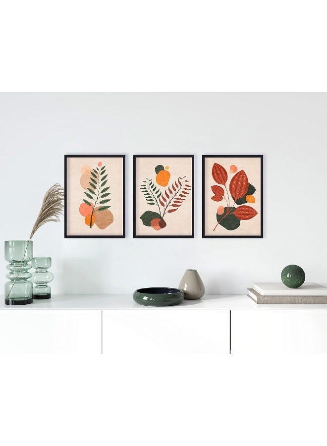 QUOTE - UNQUOTE ART Framed Wall Set of 3 Minimalist Flowers Abstract Leaves 28x36 cm Black Frame - Image 1