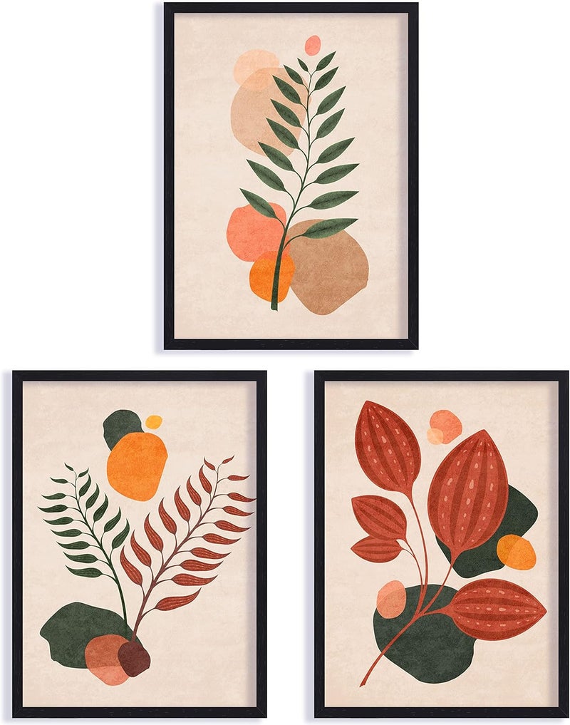 QUOTE - UNQUOTE ART Framed Wall Set of 3 Minimalist Flowers Abstract Leaves 28x36 cm Black Frame - Image 2