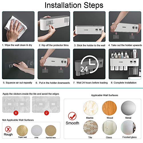 BHeadCat Toothbrush Holders Wall Mounted, Toothbrush Holder with Automatic Toothpaste Dispensers, 6 Brush Slots, 2 Magnetic Cups,1 Cosmetic Drawer Organizer and 1 Large Storage Tray - Image 3