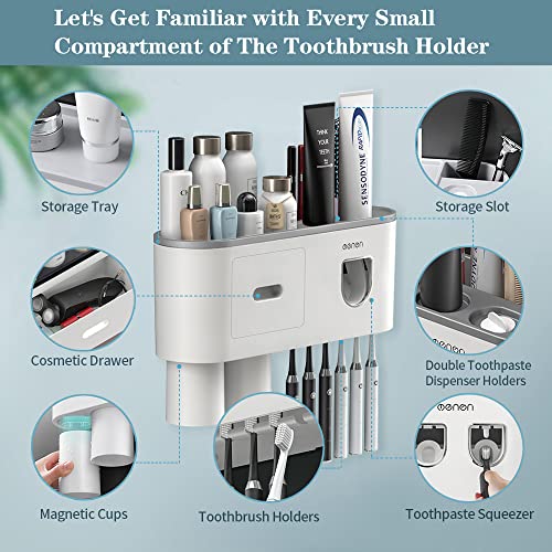 BHeadCat Toothbrush Holders Wall Mounted, Toothbrush Holder with Automatic Toothpaste Dispensers, 6 Brush Slots, 2 Magnetic Cups,1 Cosmetic Drawer Organizer and 1 Large Storage Tray - Image 5