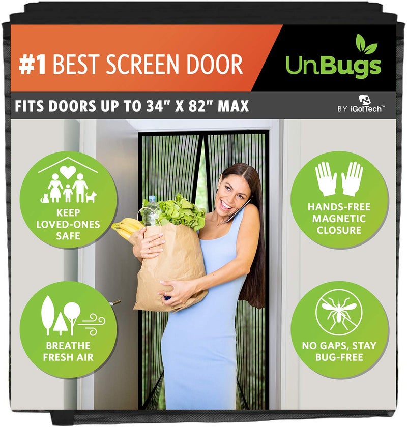 iGotTech UnBugs Magnetic Screen Door - Fits Doors up to 34 x 82 Inches Max (Item Size 36 x 83) - Pet & Kid Friendly Self-Closing - Hands Free Magnet Closure - Bugs Out & Breeze In - Image 1