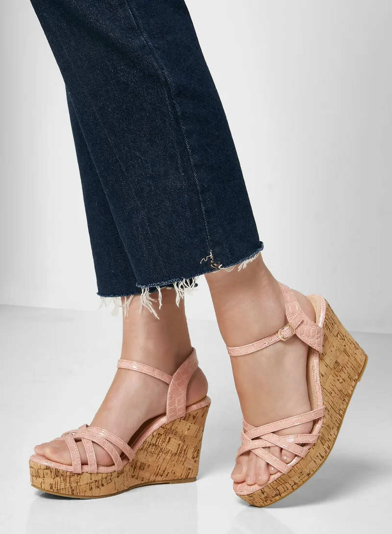 Ginger Croc Effect Strappy Wedge Sandal