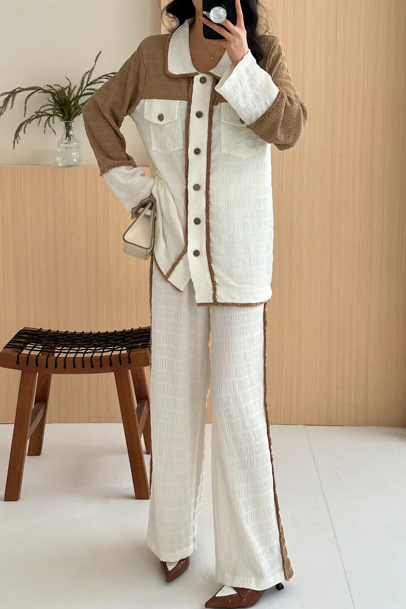 هاسال Textured Colorblock Shirt & Wide-Leg Pants Set