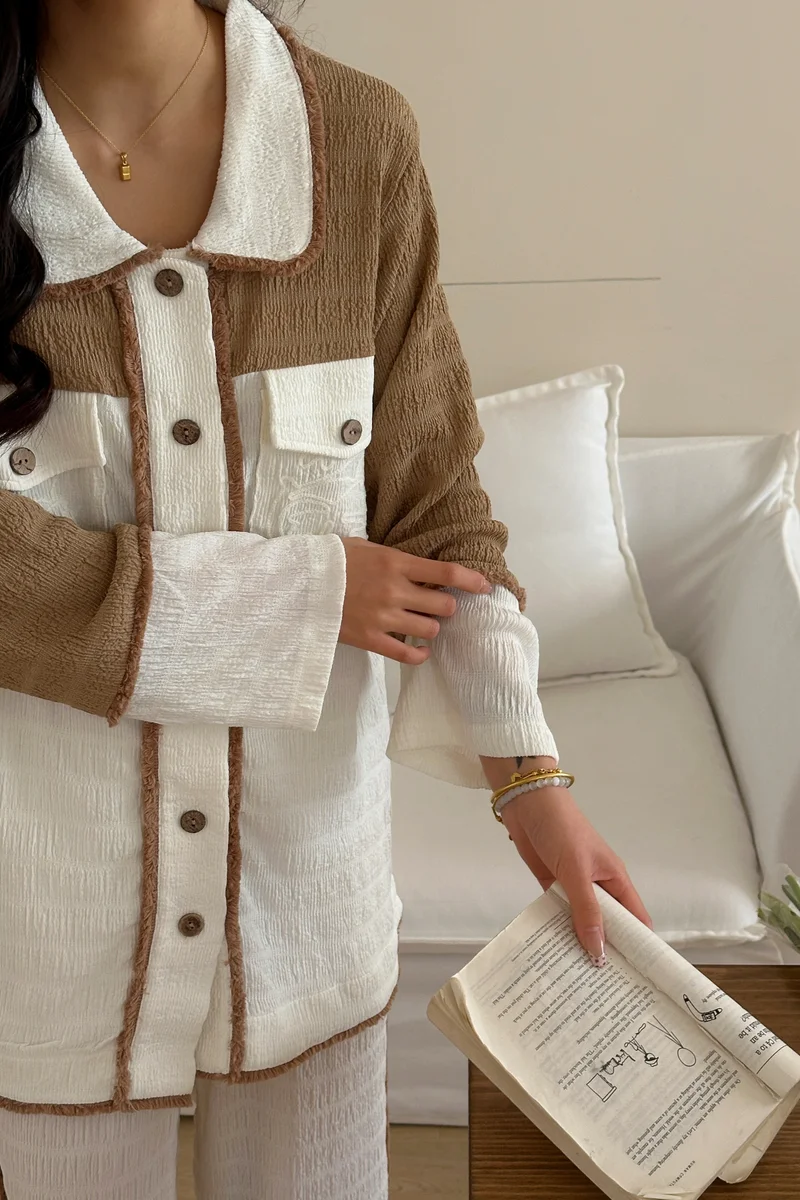 هاسال Textured Colorblock Shirt & Wide-Leg Pants Set