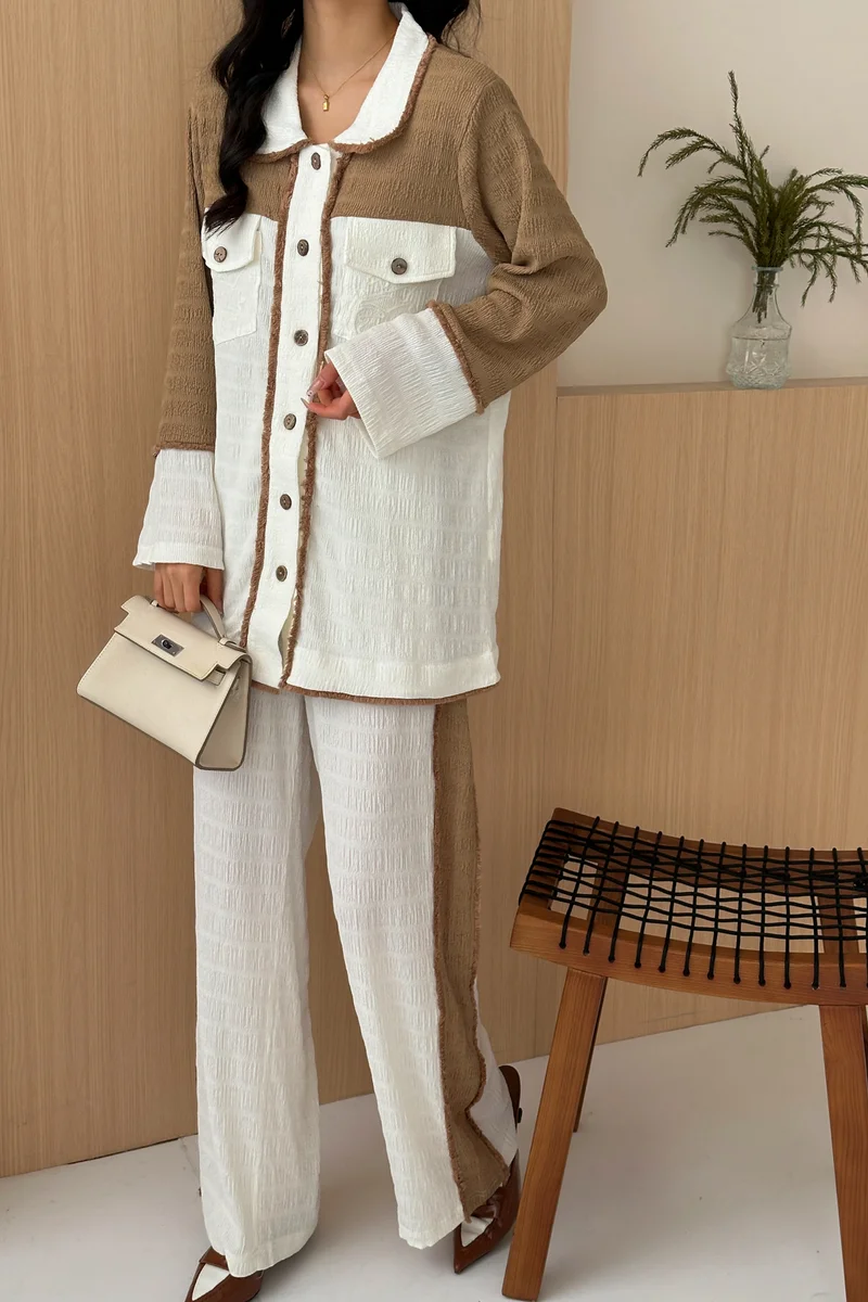 Hassal Textured Colorblock Shirt & Wide-Leg Pants Set