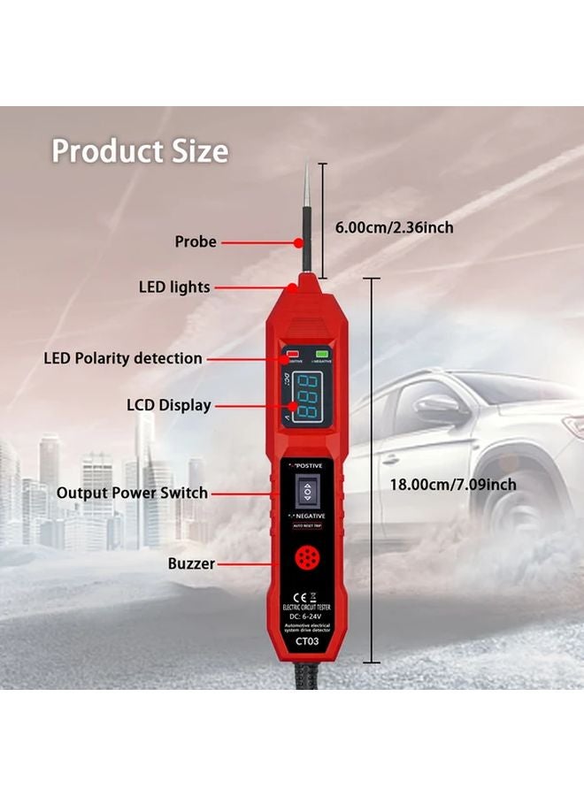 Red Universal Automotive Circuit Tester Kit 6 24V Voltage Display LED Buzzer Alert - Image 3