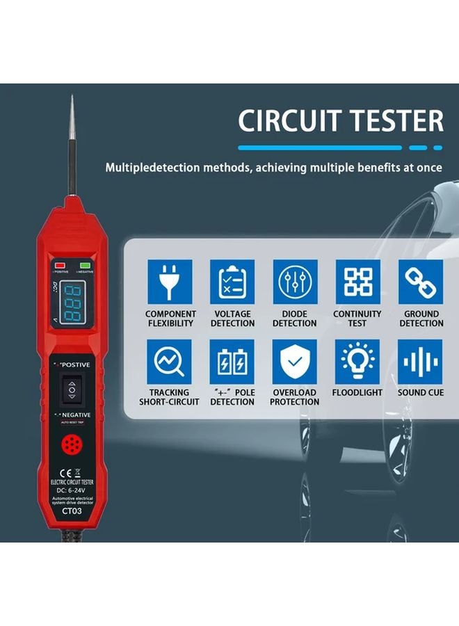 Red Universal Automotive Circuit Tester Kit 6 24V Voltage Display LED Buzzer Alert - Image 4