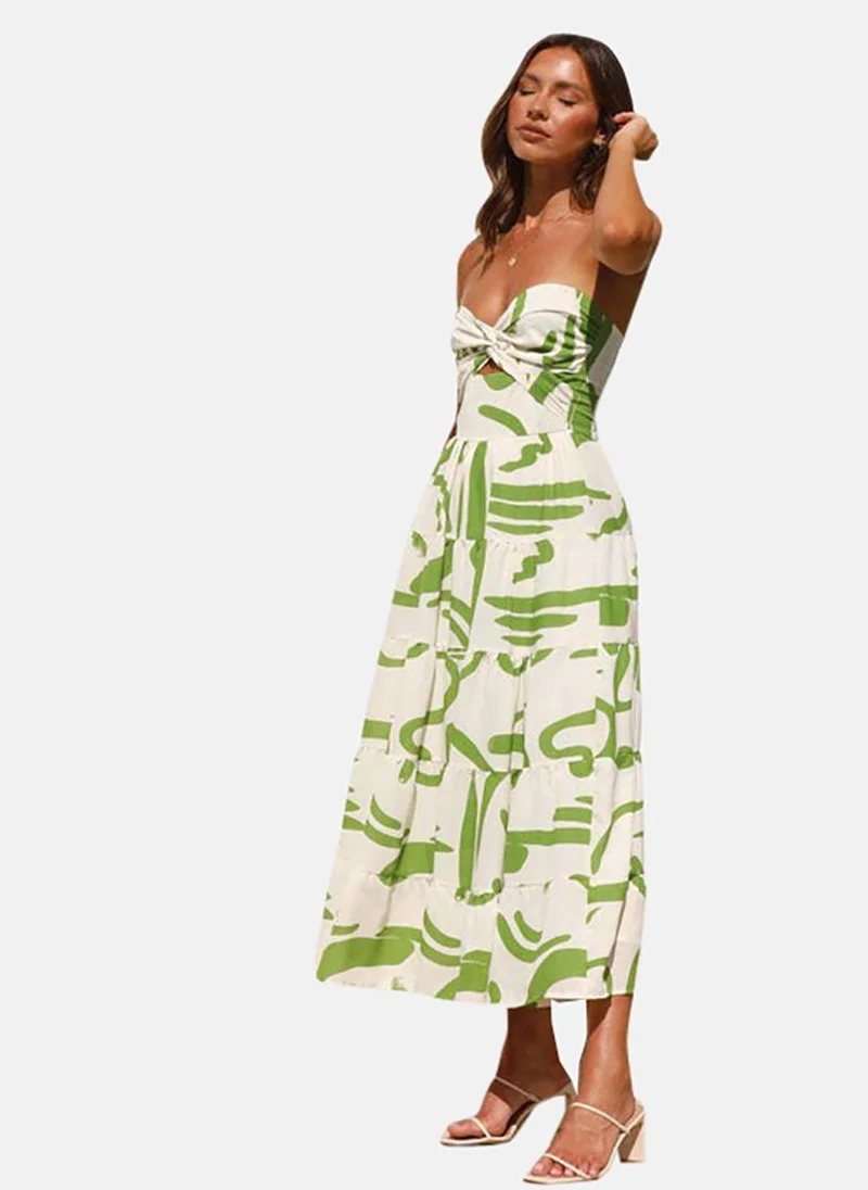 YUNIQEE Green Abstract Printed Strapless Fit and Flare A-Line Midi Dress