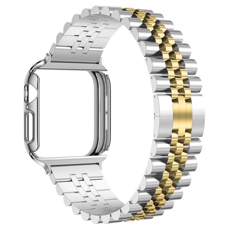 baozai Compatible Apple Watch Bands 46mm Series 1110 Stainless Steel Band with Glass Screen Protector Case for Apple Watch Series 1110 46mm SilverGold