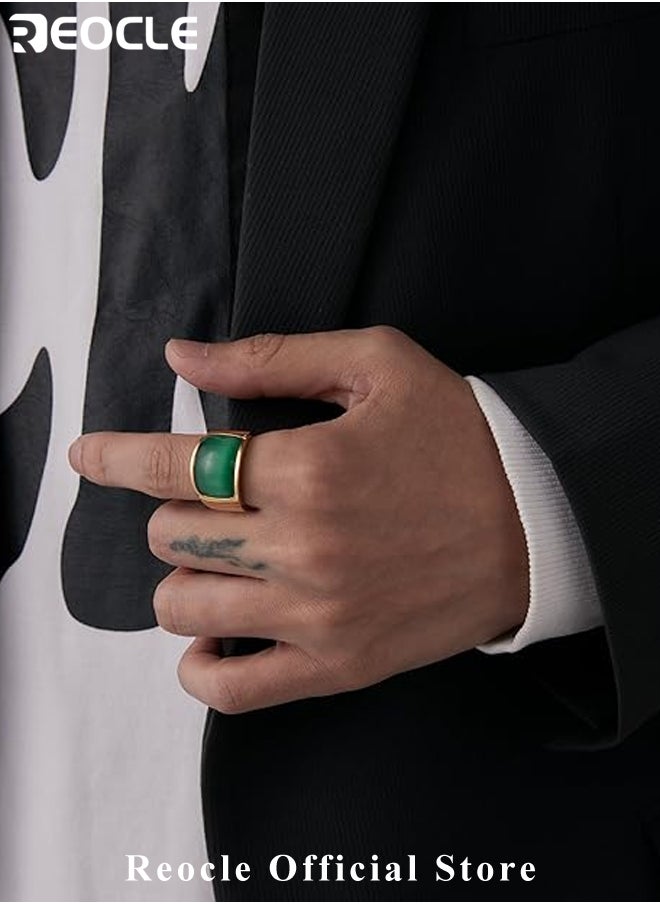 REOCLE Men's Gem Ring Emerald Rings with Square Cut Agate Luxury Thumb Ring for Father Dad and Gentlemen as Gifts  - Image 5