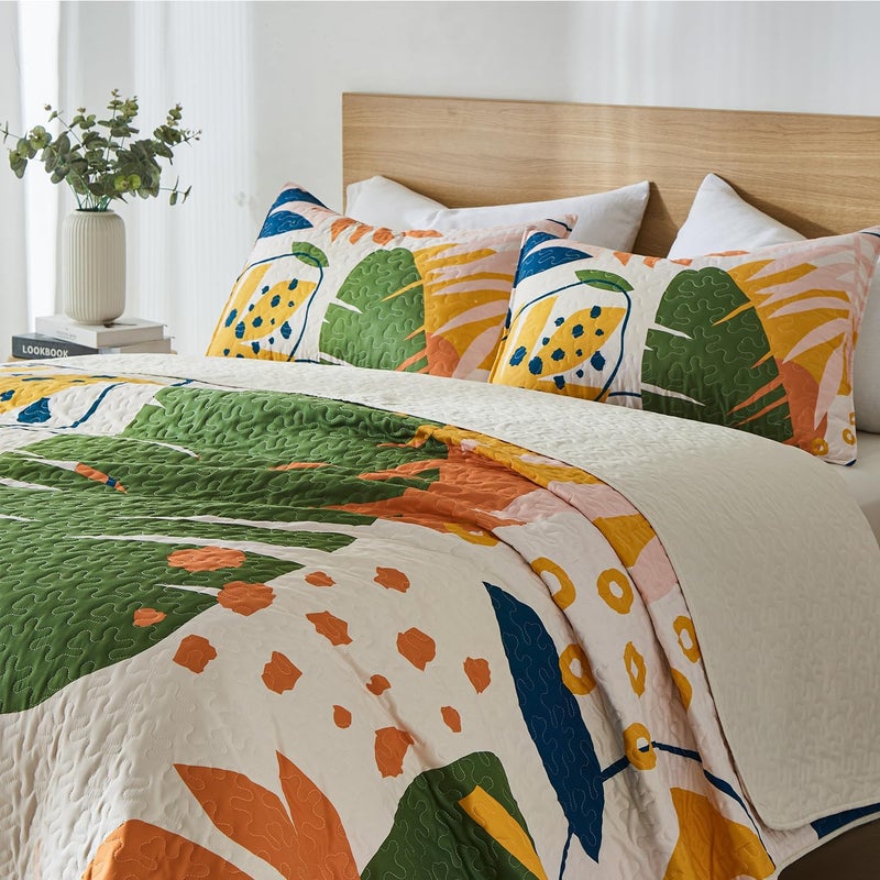 Yogeneg King Quilt Bedding Set,Green Yellow Botanical Pattern White King/Cal King Quilt Set,3 Piece Lightweight Soft Summer Bedspread Coverlet with 2 PIillow Shams,All Season(White,110"x96") - Image 2