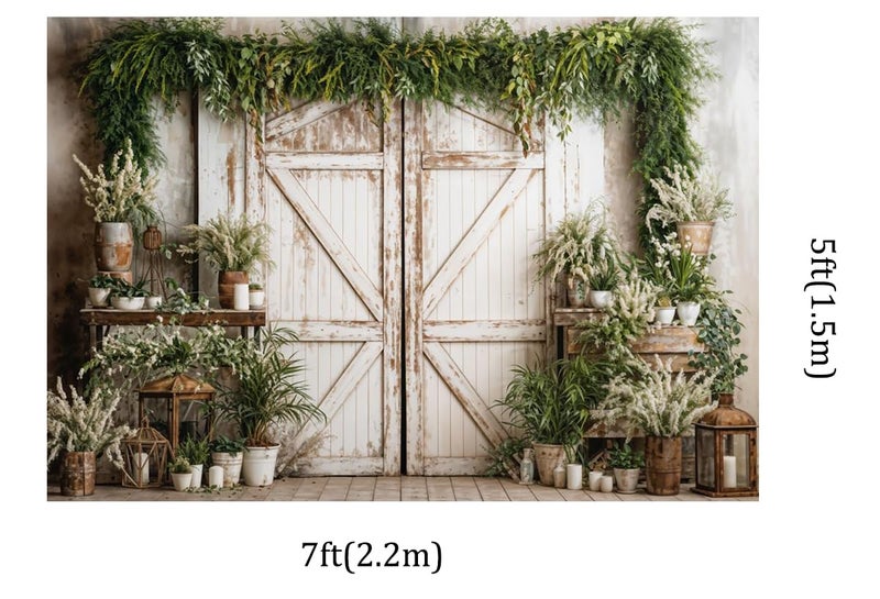 Kate 7x5ft Spring Green Reed Branch Decoration Photography Backdrops Garden Rustic White Wooden Door Photo Background Children Birthday Baby Shower Backdrop - Image 2