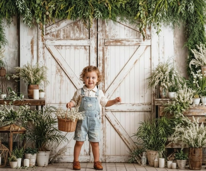 Kate 7x5ft Spring Green Reed Branch Decoration Photography Backdrops Garden Rustic White Wooden Door Photo Background Children Birthday Baby Shower Backdrop - Image 3